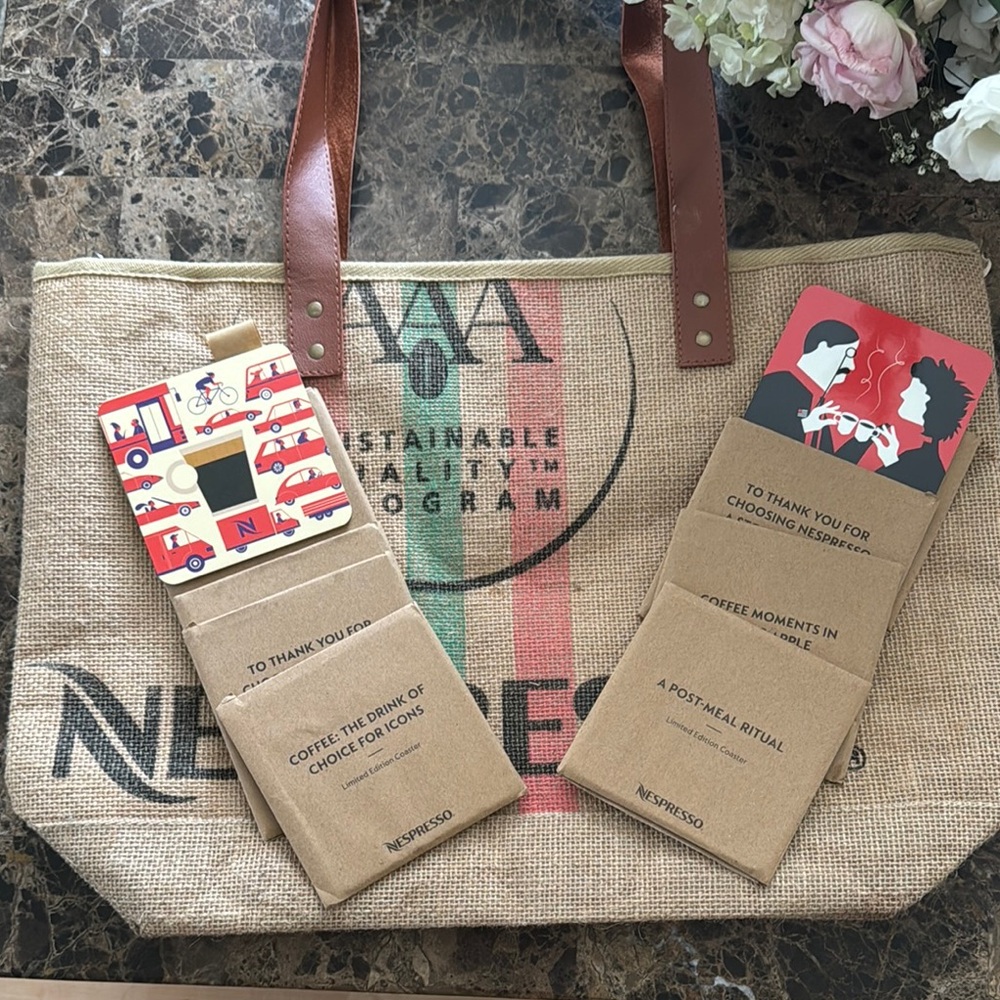 Nespresso Burlap Tote with Brown Leather Handles+ 8 coasters